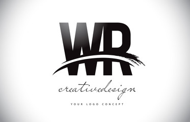 WR W R Letter Logo Design with Swoosh and Black Brush Stroke.