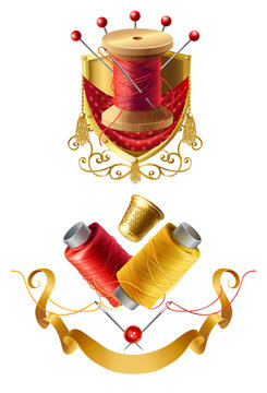 Vector 3d realistic tailor emblems. Icon of royal atelier with wooden reel with threads, needles for dressmaking, needlework. Sewing collection with ribbons. Thimble, pin cushion for handmade, hobby