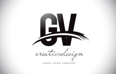 GV G V Letter Logo Design with Swoosh and Black Brush Stroke.