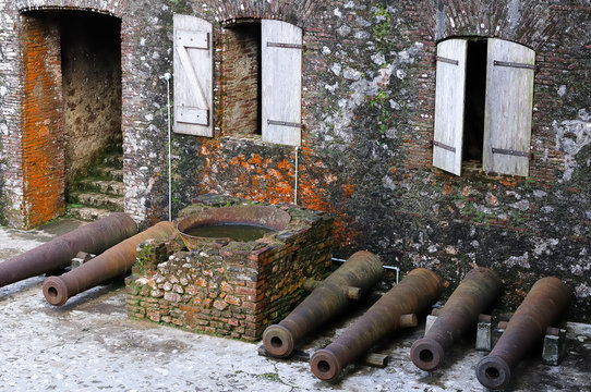 Thr view on the courtyard with cannons of the Citadelle la ferriere fort near Cap Haitien, Haiti.
