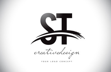 ST S T Letter Logo Design with Swoosh and Black Brush Stroke.