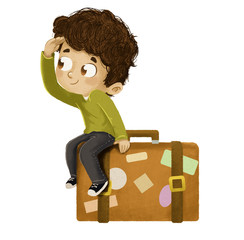 Ni&ntilde;o de vacaciones sentado en una maleta
