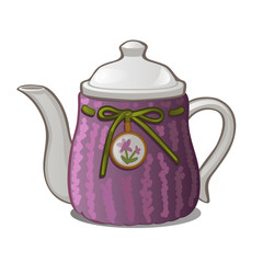 Purple ceramic teapot isolated on white background. Vector cartoon close-up illustration.