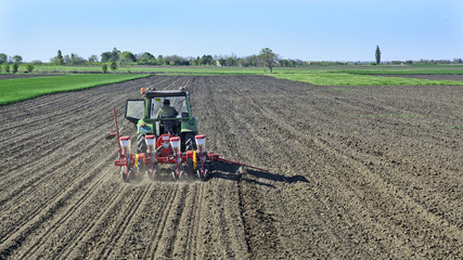 Tractor sows corn