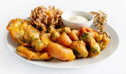 fried breaded vegetables and vegetables in batter with mayo