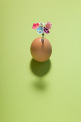 egg with plush flower corsage on green  background