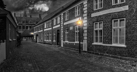 Fototapeta na wymiar Full moon over the street of the old town - night landscape, Ribe, Denmark - Black And White