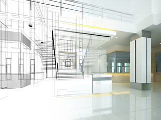 sketch design of interior hall, 3d rendering