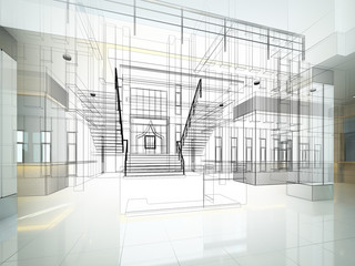 sketch design of interior hall, 3d rendering