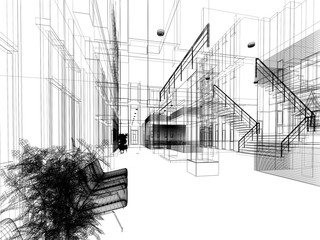 sketch design of interior hall, 3d rendering