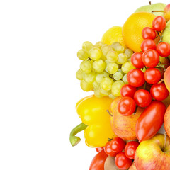 A set of fruits and vegetables isolated on white background. Free space for text.