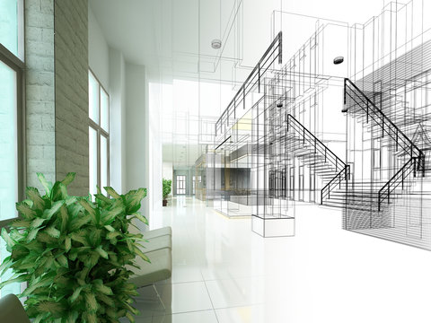 sketch design of interior hall, 3d rendering