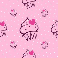 Seamless pattern with outline cupcakes, hearts and dots on the pink background