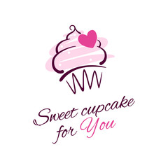 Greeting card template with cupcake illustration, pink heart and typographic text on the white background