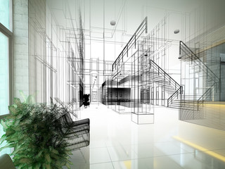 sketch design of interior hall, 3d rendering
