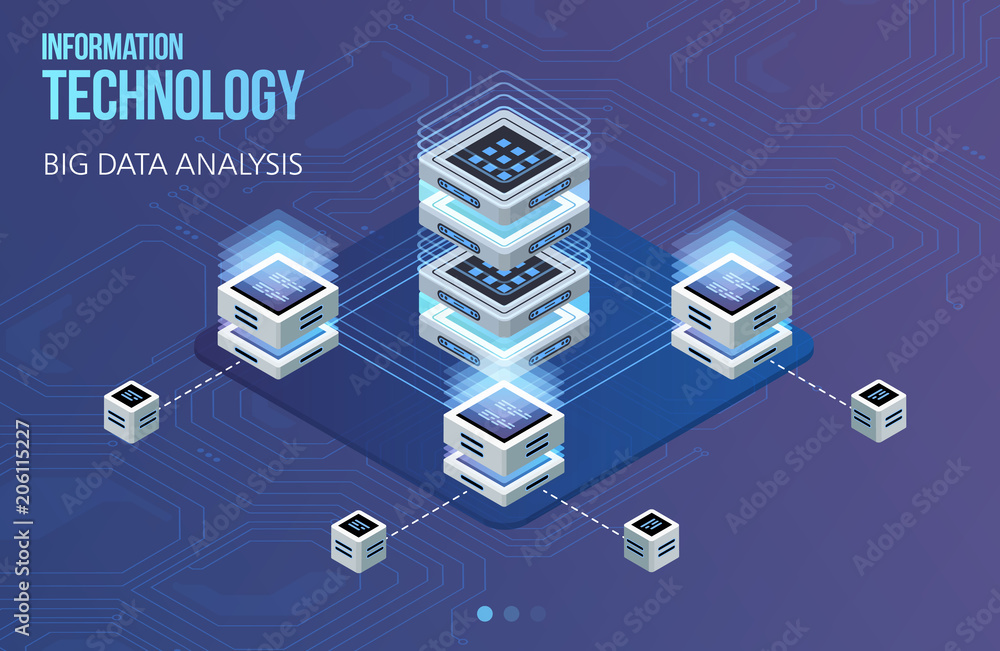 Poster concept of big data processing, isometric data center, vector information processing and storage. cr