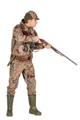 Full length portrait of a male hunter with double barreled shotgun Isolated on white background....