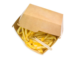 French fries box, fried potatoes french fries with yellow cheese or sauce in brown box isolated white background top view with clipping path.