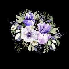 A beautiful watercolor bouquet with anemone and iris flowers. 
