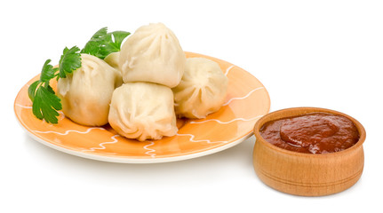 Khinkali, a georgian dumpling, on a white background