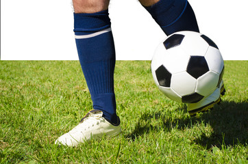 Legs of football player, soccer player and soccer ball isolated white background with copy space use for sport and athletic topic