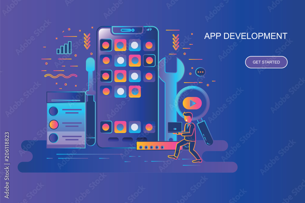 Wall mural modern gradient flat line concept web banner of app development with decorated small people characte