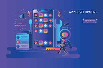 Modern gradient flat line concept web banner of app development with decorated small people character. Landing page template. - obrazy, fototapety, plakaty