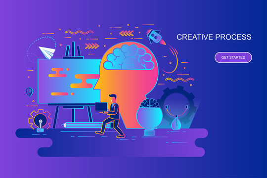 Modern gradient flat line concept web banner of creative process with decorated small people character. Landing page template.