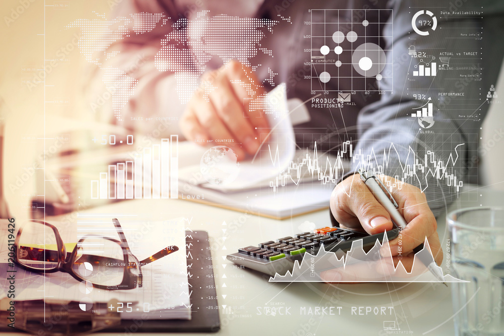 Poster businessman hand working with finances about cost and calculator and latop with mobile phone on with