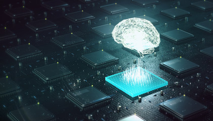 Machine learning , artificial intelligence , ai, deep learning blockchain neural network concept. Brain made with shining wireframe above multiple blockchain cpu on circuit board 3d render. - obrazy, fototapety, plakaty