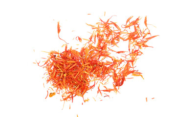 Naklejka premium Heap of saffron isolated on white background. Top view. Flat lay