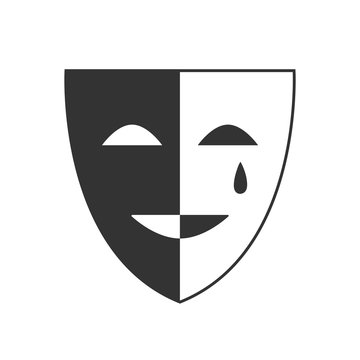 Simple, flat, black and white drama/theatre mask. Isolated on white