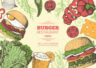 Burgers and ingredients for burgers colorful vector illustration. Fast food, junk food frame. American. Elements for burgers restaurant menu design. Engraved style image.