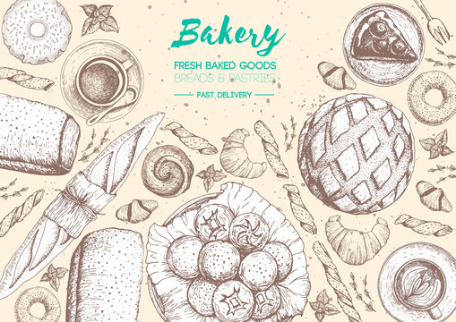 Bakery top view frame. Background template for design. Engraved food image.