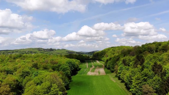 vol au dessus d'un paysage avec un pr&eacute; , des nuages et des for&ecirc;ts