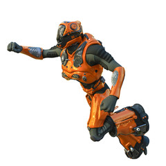 astronaut in orange exo suit exploring arround