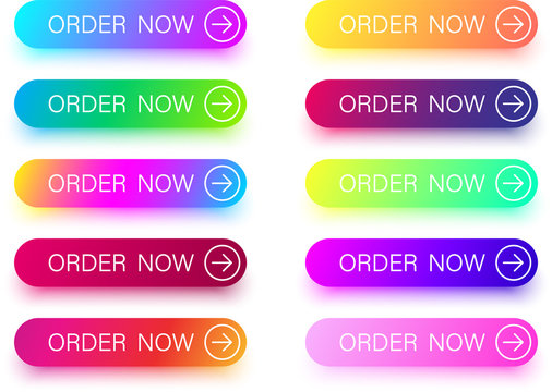 Colorful order now icons with arrow isolated on white.