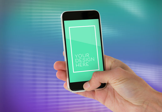 Hand Holding Smartphone Mockup with Bright Neon Background