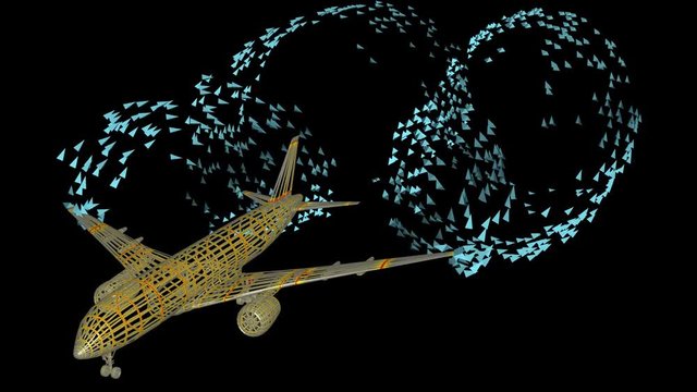 Wingtip Vortices trailing behind airplane wings. Side Perspective view. 3d animation