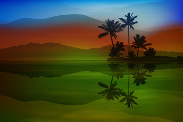 Colorful background with sea and palm trees at night. EPS10 vector.