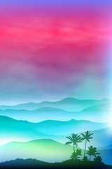 Background with palm tree and mountains in the fog. Pink sunset time. EPS10 vector.