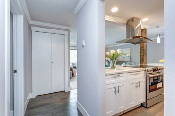 White small kitchen in modern apartment.