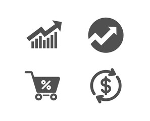 Set of Audit, Demand curve and Special offer icons. Usd exchange sign. Arrow graph, Statistical report, Discounts. Currency rate.  Quality design elements. Classic style. Vector