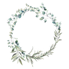 Watercolor greenery combination. Eucalyptus branches and olive tree leaves wreath. Hand painted floral clip art: round frame isolated on white background. © ldinka