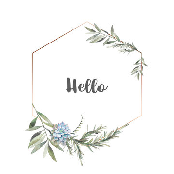 Watercolor modern greenery frame. Hand drawn floral label design with succulent, green leaves, eucalyptus, rosemary. Greeting or wedding template isolated on white background.