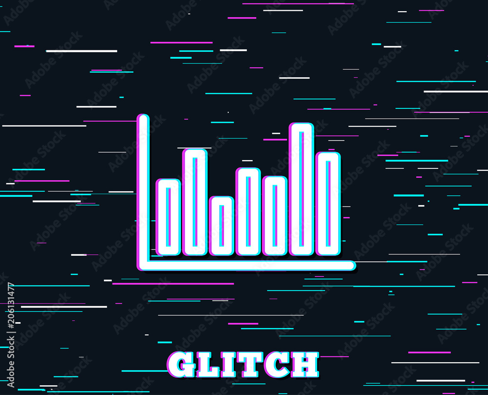 Poster glitch effect. column chart line icon. financial graph sign. stock exchange symbol. business investm