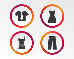 Clothes icons. T-shirt with business tie and pants signs. Women dress symbol. Infographic design buttons. Circle templates. Vector