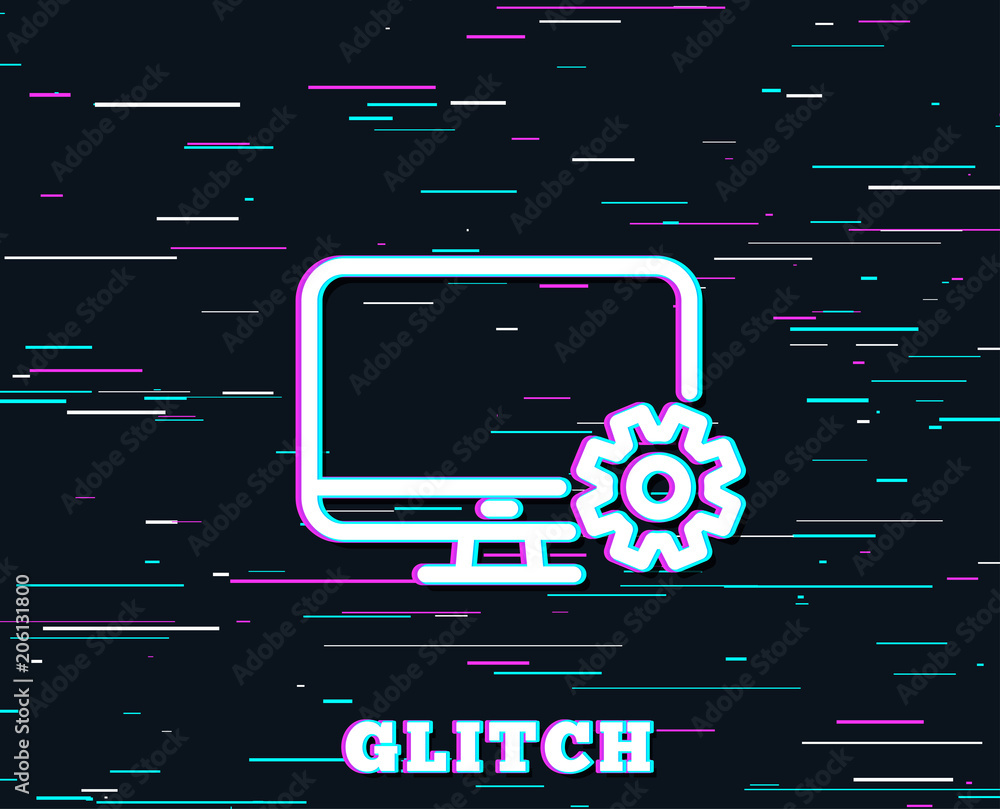 Poster glitch effect. computer or monitor icon. service cogwheel sign. personal computer symbol. background