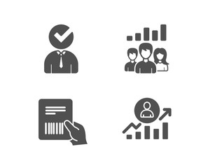 Obraz premium Set of Vacancy, Teamwork results and Parcel invoice icons. Career ladder sign. Businessman concept, Group work, Delivery document. Manager results. Quality design elements. Classic style. Vector