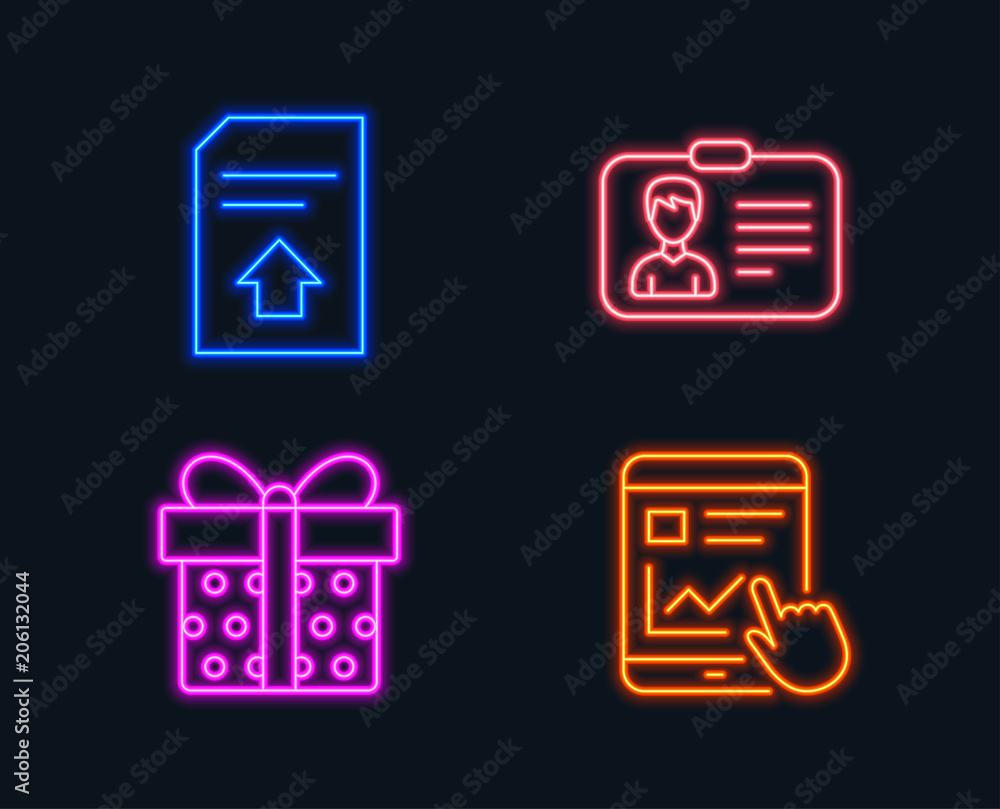 Poster neon lights. set of identification card, upload file and gift box icons. internet report sign. perso